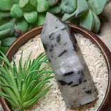 “Bamboo Leaf” Green tourmaline in Snow Quartz~CRBLGT04