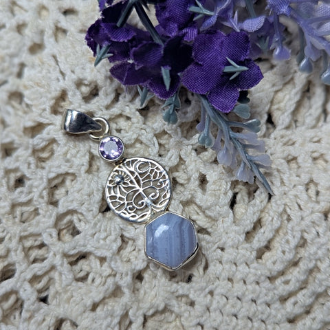 Blue Lace Agate & Amethyst Pendant~JSSBLAAP