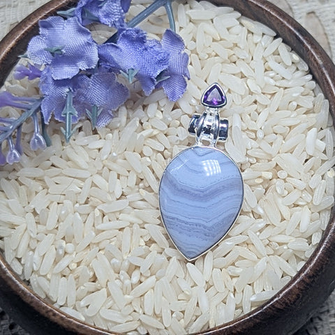 Blue Lace Agate & Amethyst Pendant~JSSBLAA2