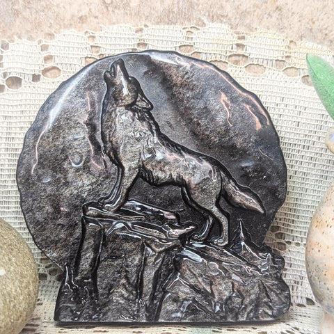 Silver Sheen Obsidian Wolf Carving #1~CRSSOWC1