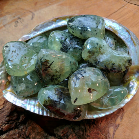 Tumbled Epidote in Prehnite~TUMEPPR