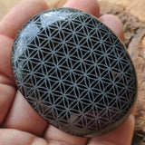 Flower of Life etched Black Obsidian Palm Stone~ CRFOLEBO