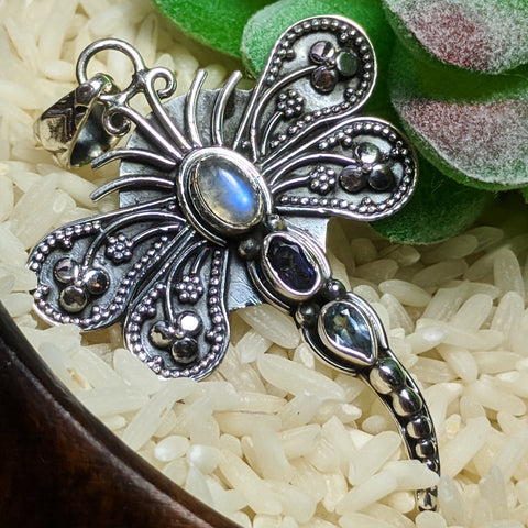 Rainbow Moonstone, iolite & Blue Topaz Dragonfly Pendant~JSSRMDP2