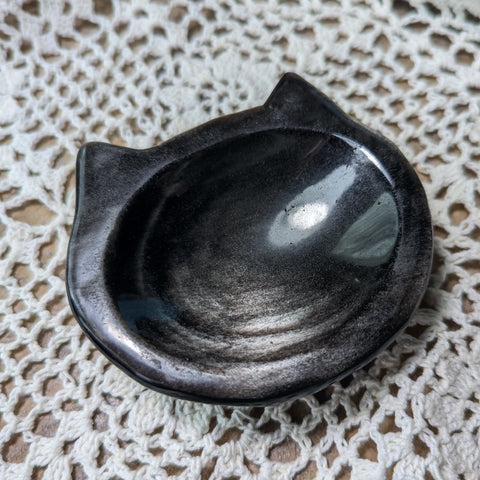 Silver Sheen Obsidian Black Cat Bowl~CRSSOCB1