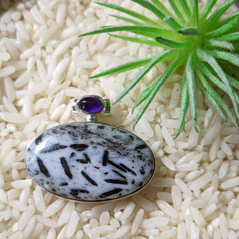 Horneblende in Quartz & Amethyst Pendant~JSSHORN3