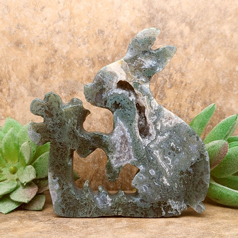 Moss Agate Rabbit and Flower Carving~CRMAFRC1